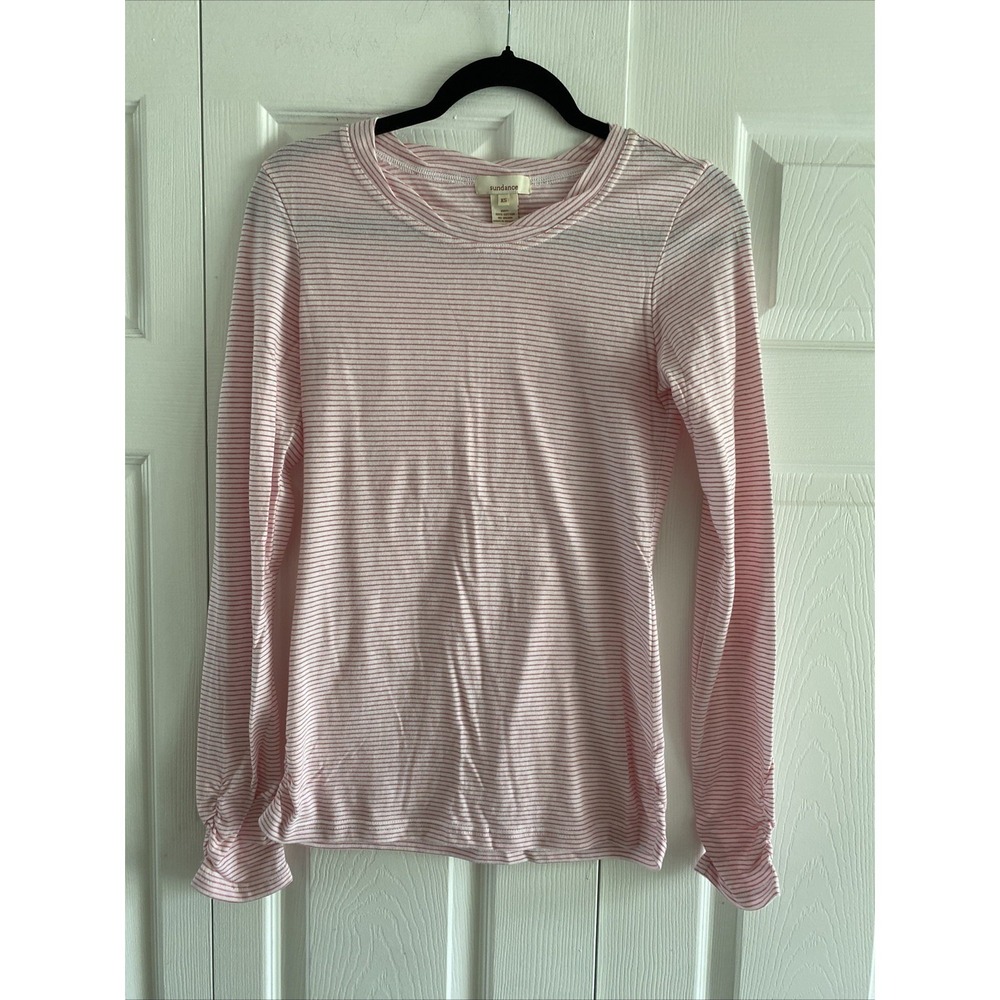 Sundance Ruched Striped Long Sleeve Tee Womens Size XS Pink White Cotton Shirt‎